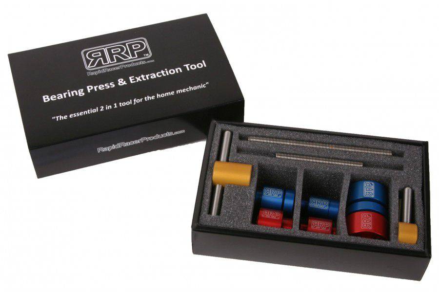 RRP Rapid Racer Products drift kit with 13 bearing press, 6803 2RS, 61803 2RS, featuring blue and red components for workshop use