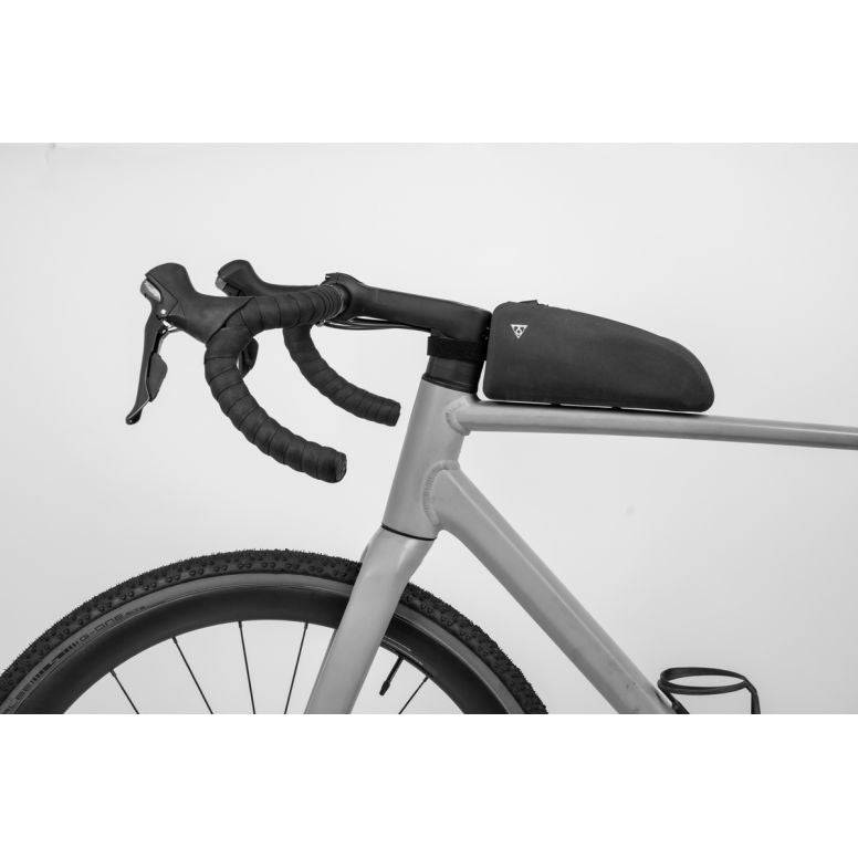 Topeak Toploader Drybag 1L waterproof bikepacking bag in black mounted on bike top tube, designed for bike accessories.