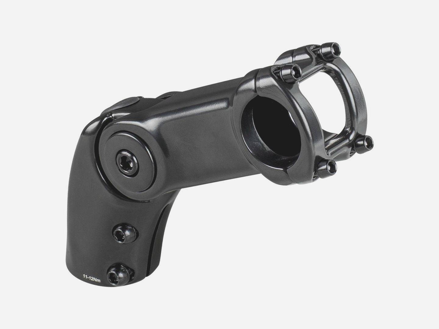 Bontrager adjustable threadless stem for bikes, showing the sleek black component with tightening bolts, designed for precise steering.