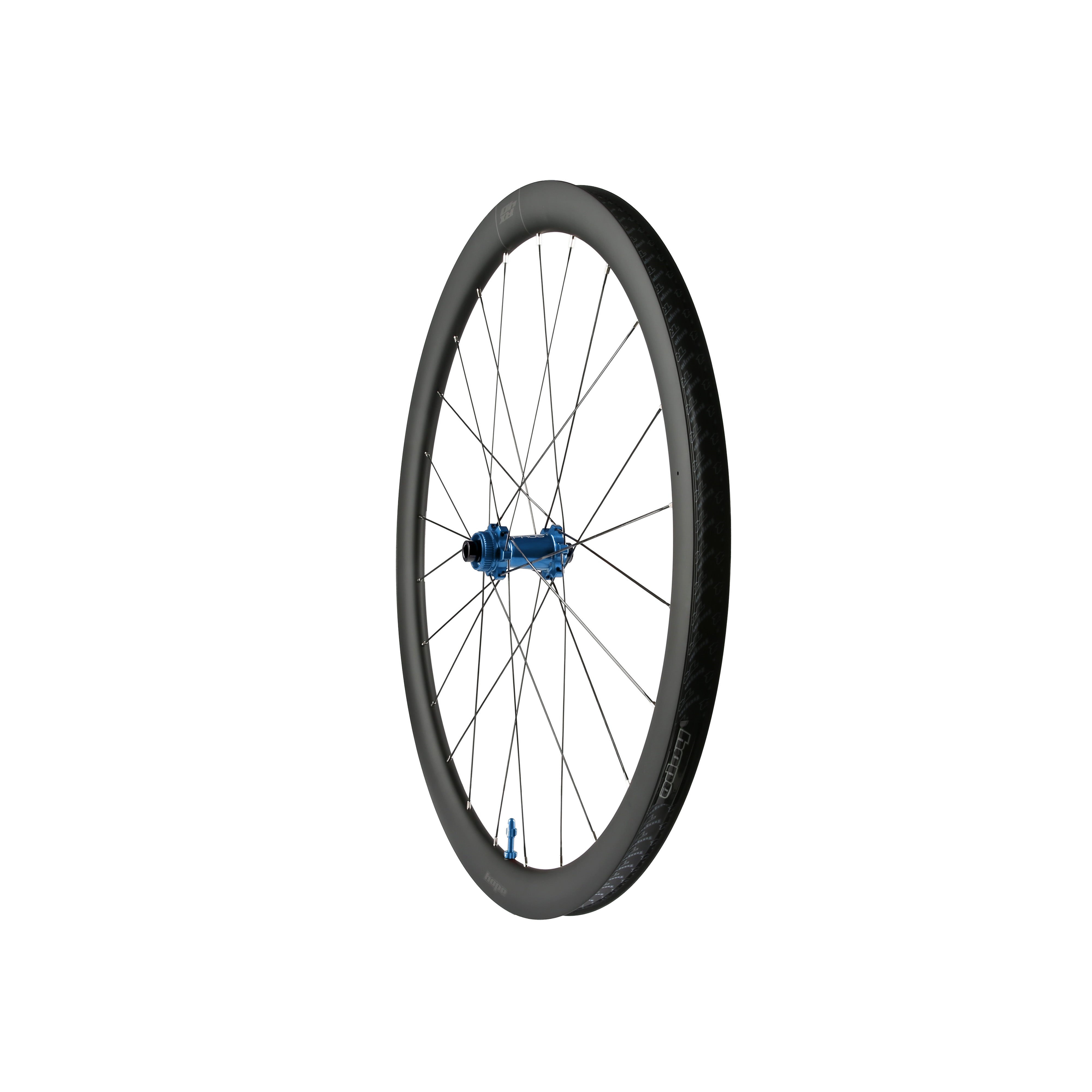 Hope RX40 Carbon Gravel Wheelset 700C with blue rim, front view showing disc brake hub and tubeless-ready design