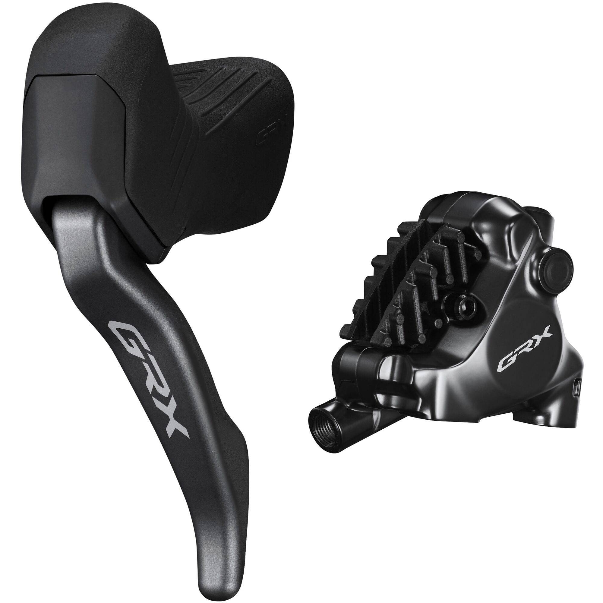 Shimano GRX BL-RX825 hydraulic disc brake lever and BR-RX820 rear caliper for mountain bike braking system, left side.