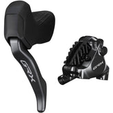 Shimano GRX BL-RX825 hydraulic disc brake lever and BR-RX820 rear caliper for mountain bike braking system, left side.