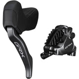 Shimano GRX BL-RX825 hydraulic disc brake lever and BR-RX820 rear caliper for mountain bike braking system, left side.