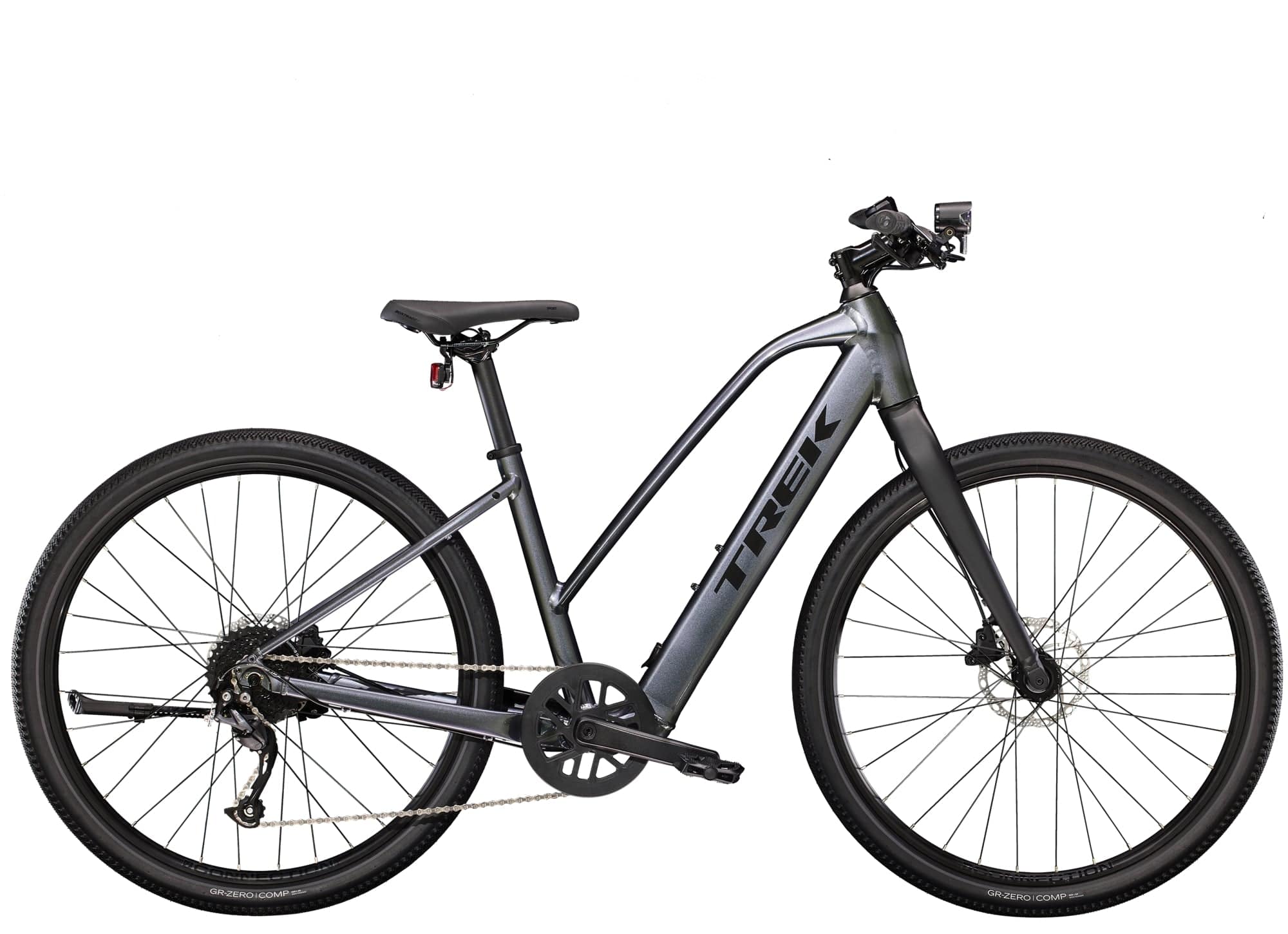 Trek Dual Sport+ 2 Stagger women’s e-hybrid bike with Shimano Altus M2000 gears and HyDrive motor, black and silver design.