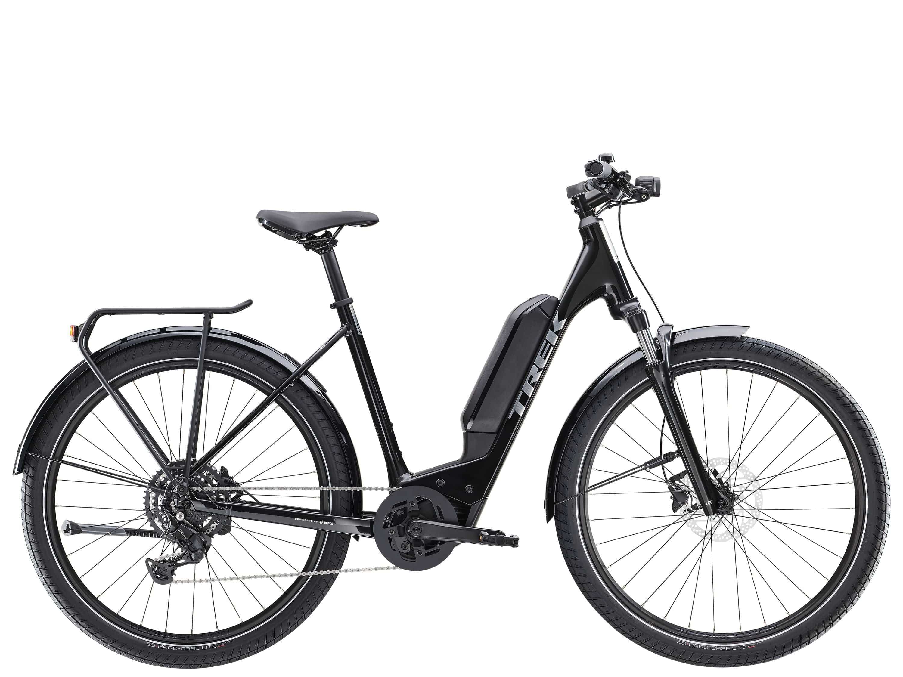 Trek Allant+ 5 Lowstep electric hybrid bike with comfortable step-through frame and pedal assist, ideal for urban and recreational riding.