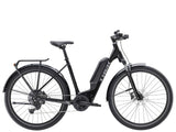 Trek Allant+ 5 Lowstep electric hybrid bike with comfortable step-through frame and pedal assist, ideal for urban and recreational riding.