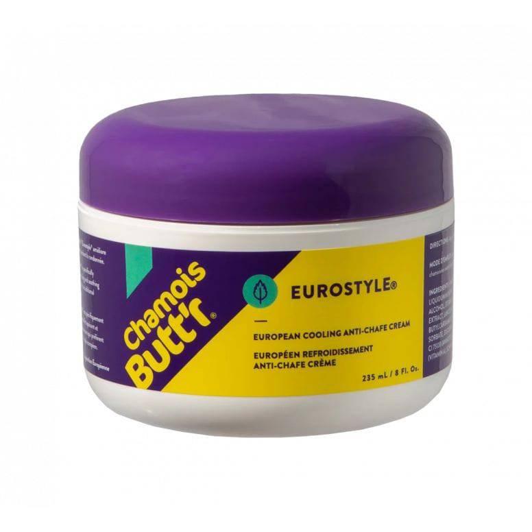 Chamois Butt'r Eurostyle cooling anti-chafe cream for cyclists with menthol and witch hazel, showing tube packaging and applicator.
