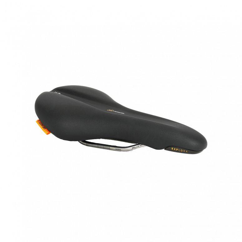 Selle Royal Explora Black athletic bike saddle with Royalgel® comfort and ICS system, featuring ergonomic design and padding.