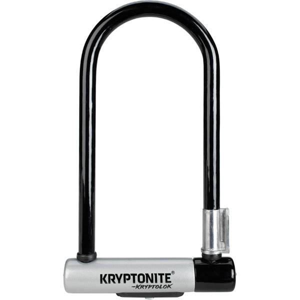 Kryptonite Kryptolok standard U-lock with FlexFrame bracket, securely locking a bike for protection.