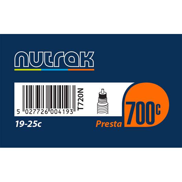 Nutrak 700x19-25C Presta valve inner tube for road bikes with 39mm valve, suitable for bike components and repairs.