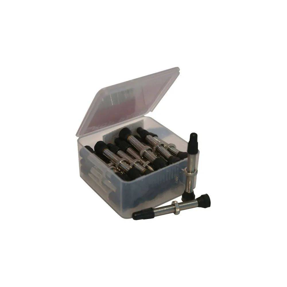 Set of 25 Stan's No Tubes Uni Presta Valve Stems for tubeless rims, brass construction, compatible with various bicycle wheels.