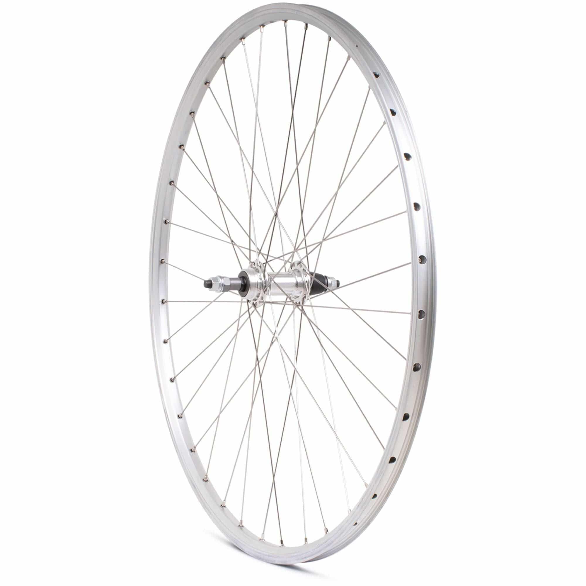 Silver M Part Wheels hybrid rear 700c solid axle screw-on wheel for 6/7 speed bikes, showcasing the wheel and axle components.