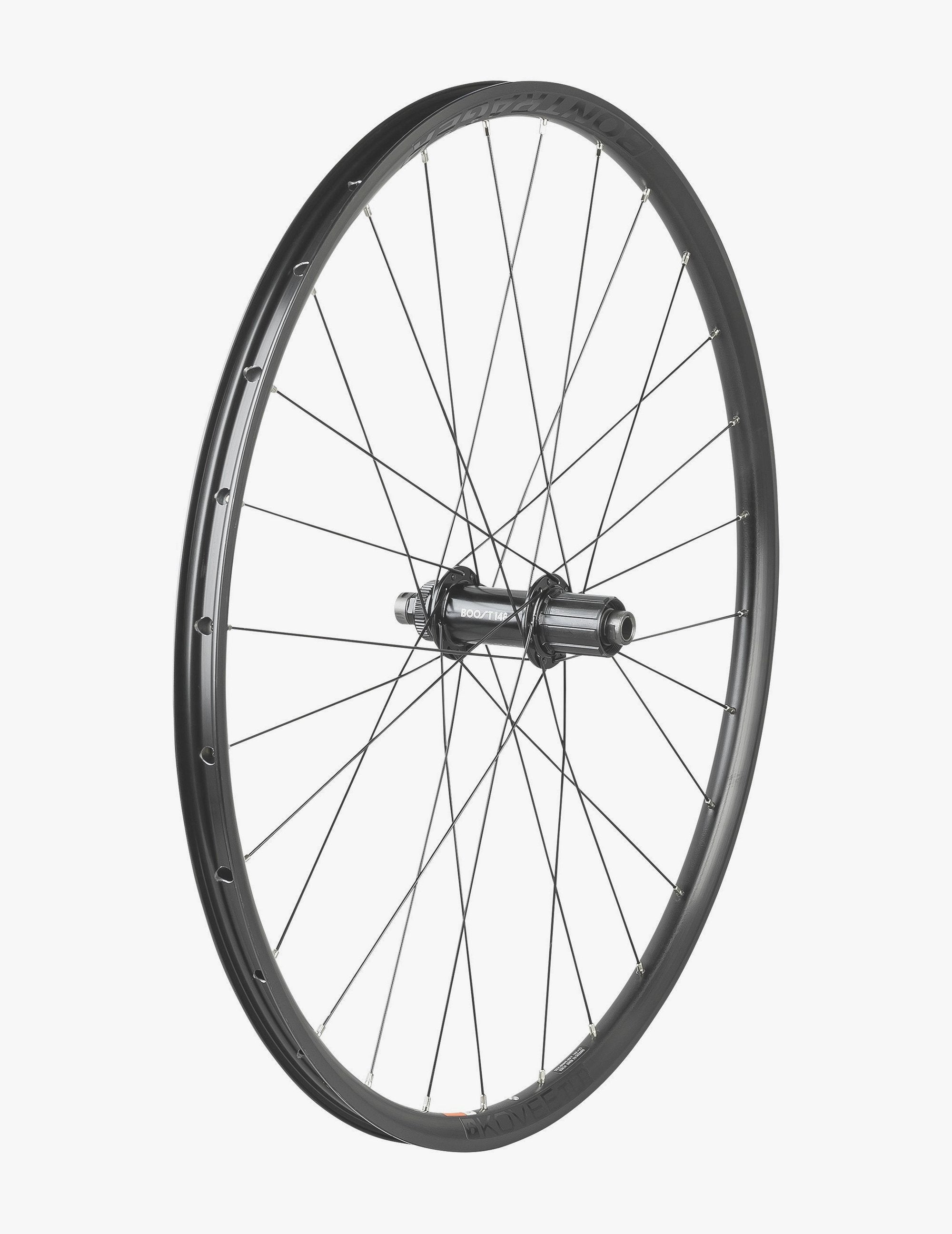 Bontrager Kovee TLR Boost 28-hole 27.5-inch mountain bike wheel with centerlock disc mount, tubeless ready, sturdy components.