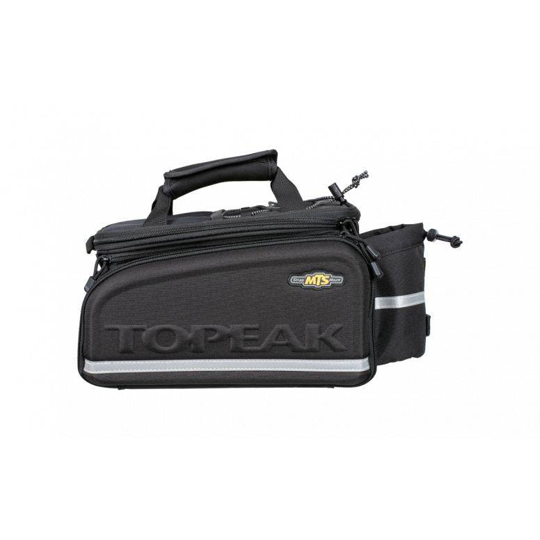 Topeak MTS TrunkBag DXP black bike rack bag with expandable design, weather-resistant material, and built-in bottle holder.