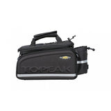 Topeak MTS TrunkBag DXP black bike rack bag with expandable design, weather-resistant material, and built-in bottle holder.