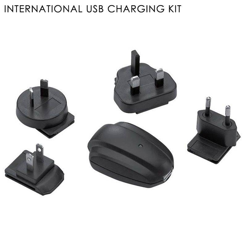 Lezyne USB charging kit for LED lights with global plug adapters, compact accessories for convenient charging and travel.