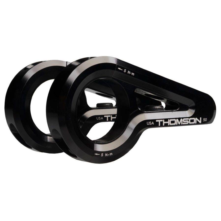 Thomson Elite Black direct mount stem for RockShox, Fox, and Manitou forks, 30 x 50mm, mounted on a bicycle handlebar.