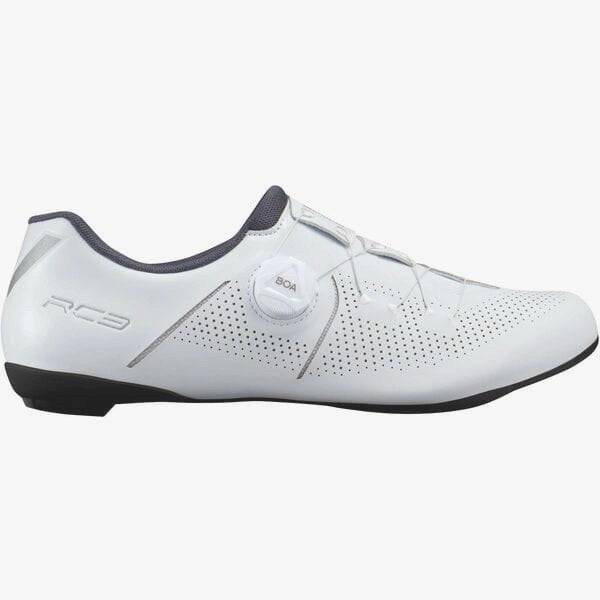 Shimano RC3 road cycling shoes with BOA dial closure and reflective print, featuring breathable upper and stiff sole for riding.