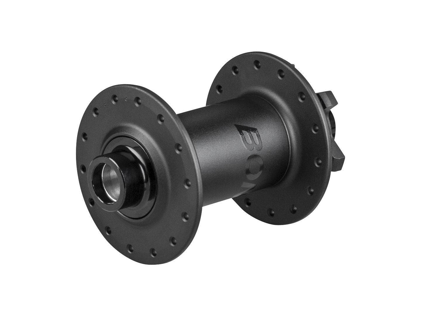 Bontrager Rapid Drive Boost front hub in black, 110mm OLD, 28 spokes, 6-bolt disc brake mount, component for bike wheel assembly.