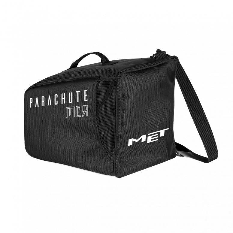 Black MET Parachute MCR helmet bag with durable fabric and carrying straps, designed for universal helmet storage and transport.