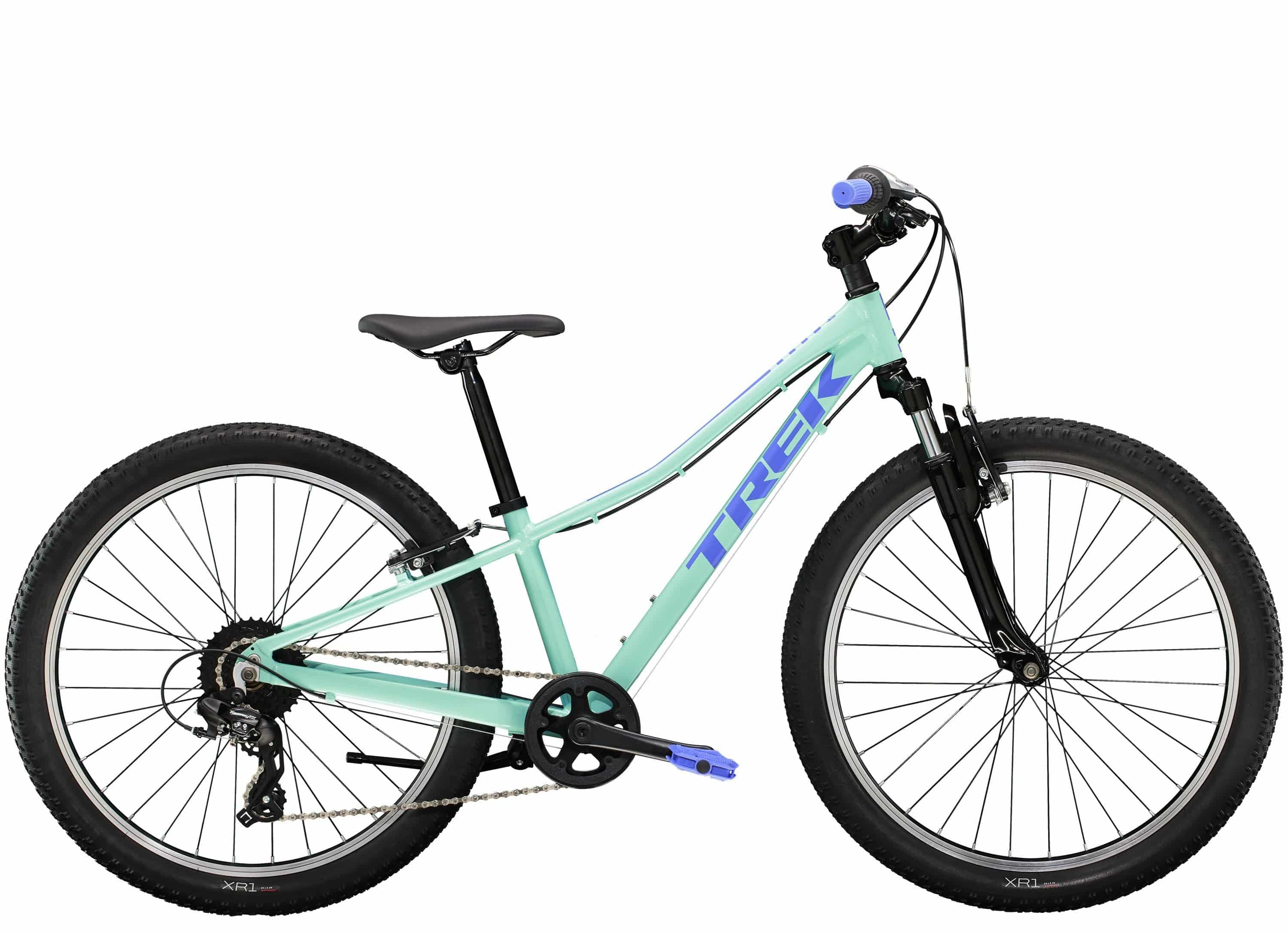 Trek Precaliber 24 kids bike with 8-speed twist shift and suspension, featuring a sturdy frame and colorful design for young riders.
