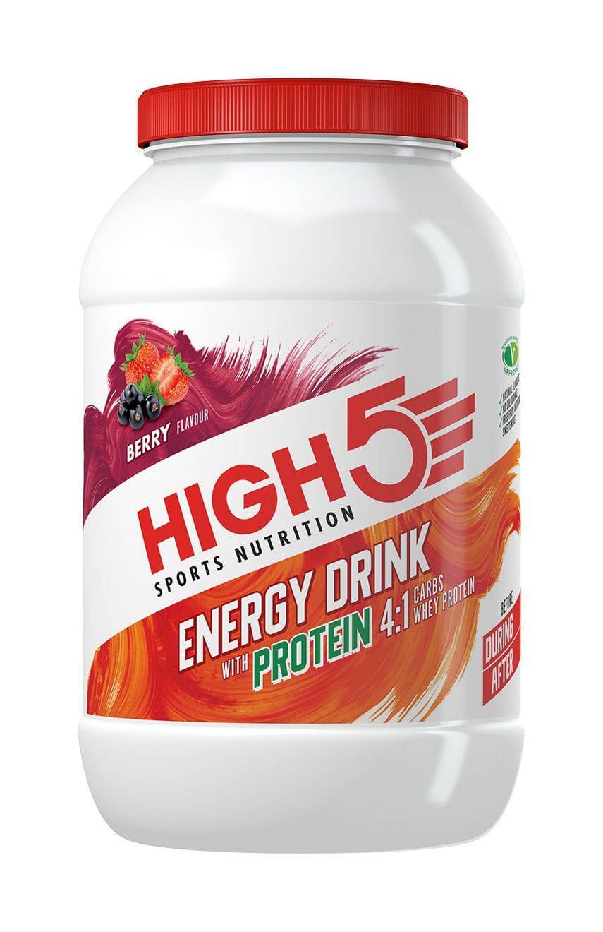 High5 Energy Drink Protein Tub 1.6kg with endurance and muscle recovery formula, showing the product container and label.