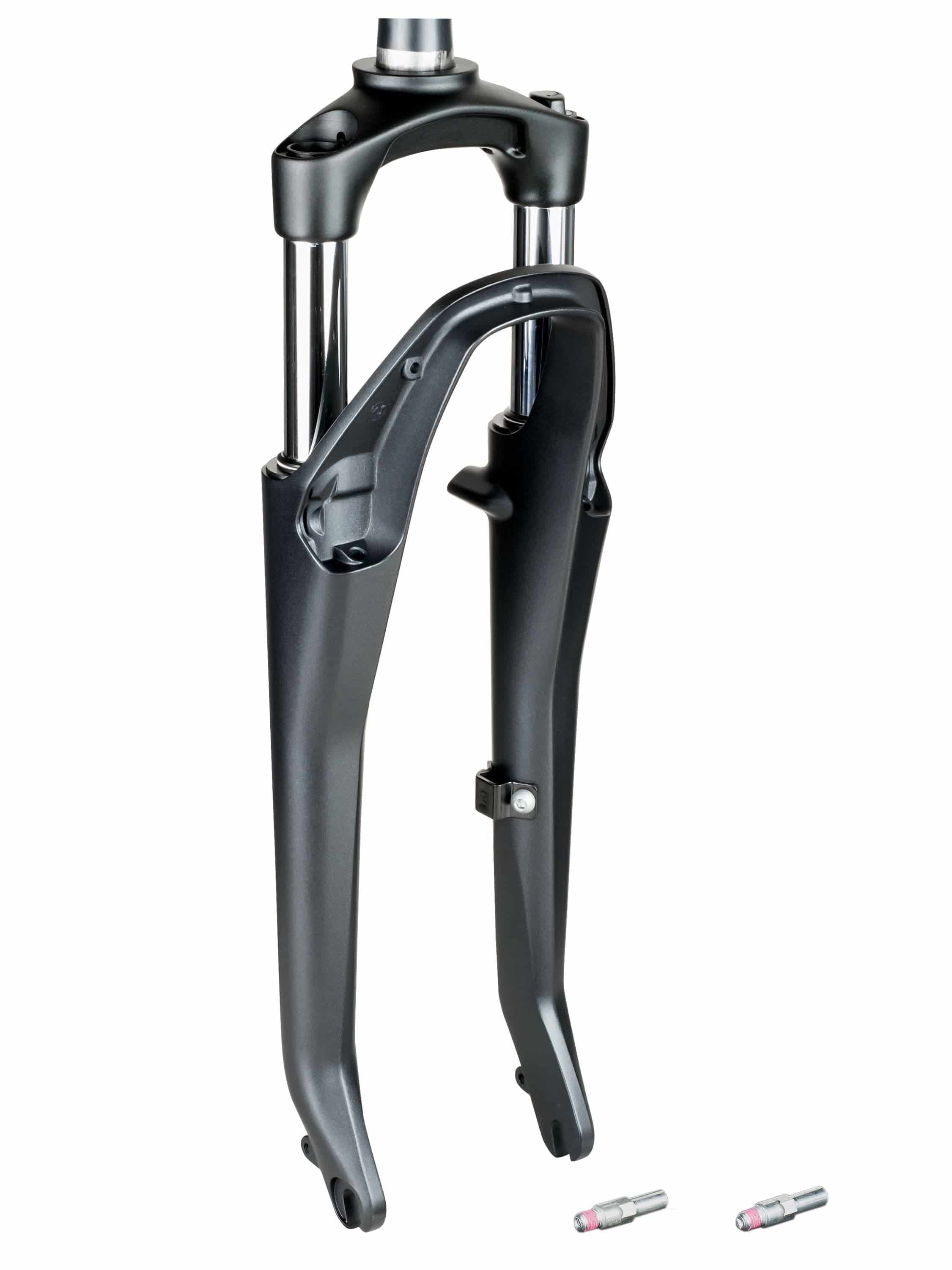 Black Pearl and White Bontrager Forklight 700c road bike fork with 260mm length and 50mm offset, component for road bike upgrades.