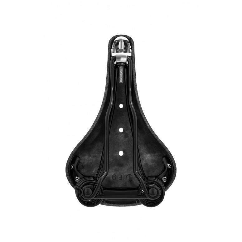 Brooks Flyer saddle with sprung suspension, designed for mountain biking and long rides, featuring a comfortable and durable component.