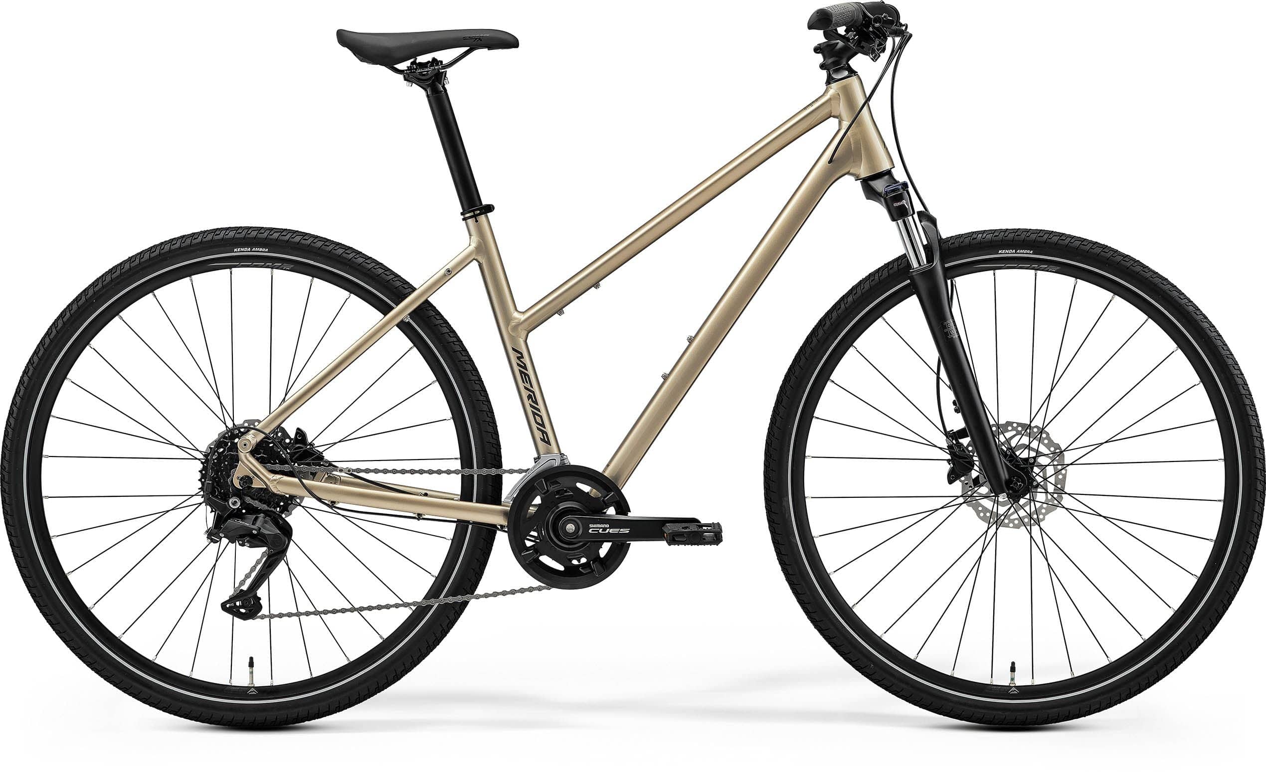 Merida Crossway 100 Women's hybrid bike with Shimano CUES U3020 SGS components and disc brakes, shown from side view.