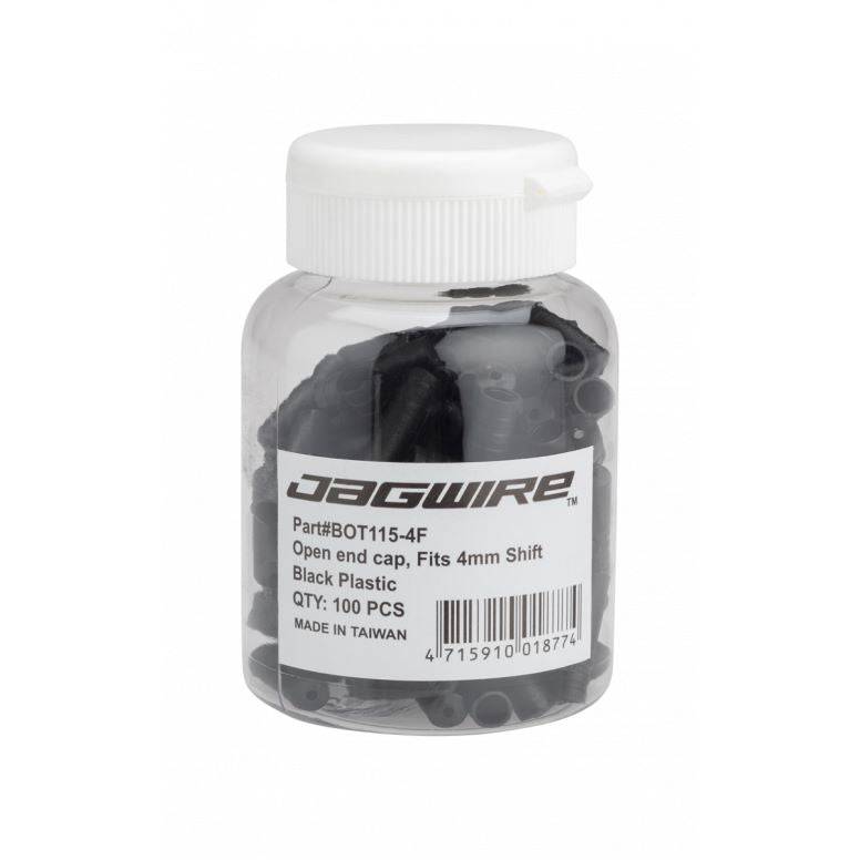 Black Jagwire 4mm shift cable open end caps for derailleur, shown in a 100-pack of plastic components.