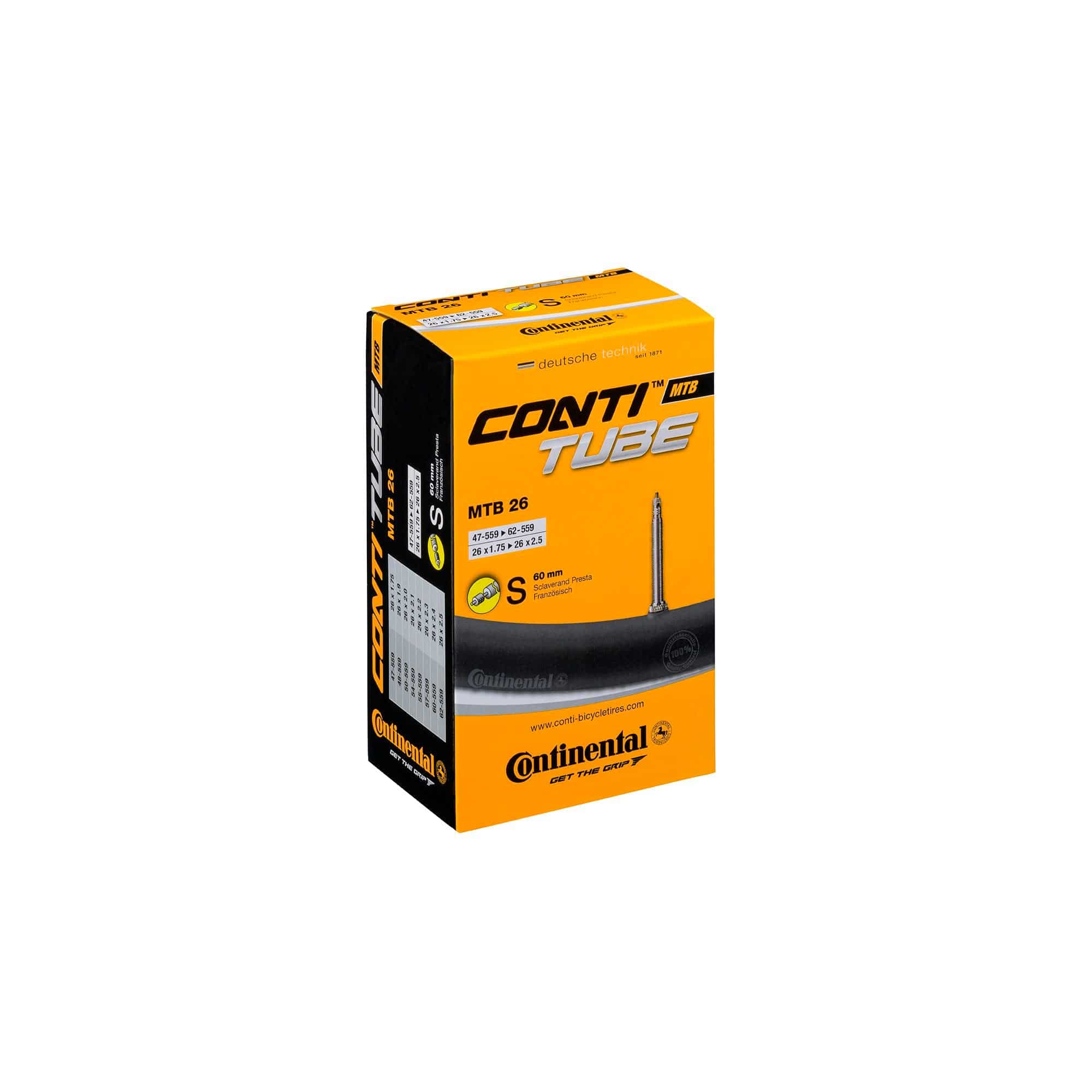 Continental MTB 29-inch inner tube with Presta valve, durable butyl rubber, suitable for 1.75-2.50 inch tires.