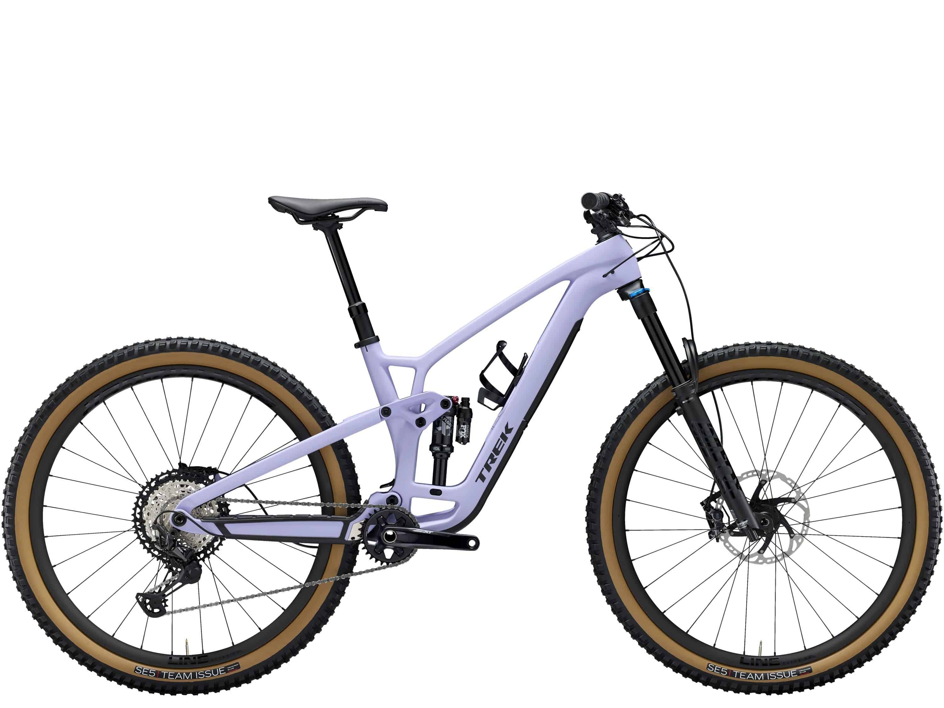 Trek Fuel EX 9.8 XT Gen 6 mountain bike with advanced suspension and internal frame storage, shown from side view.
