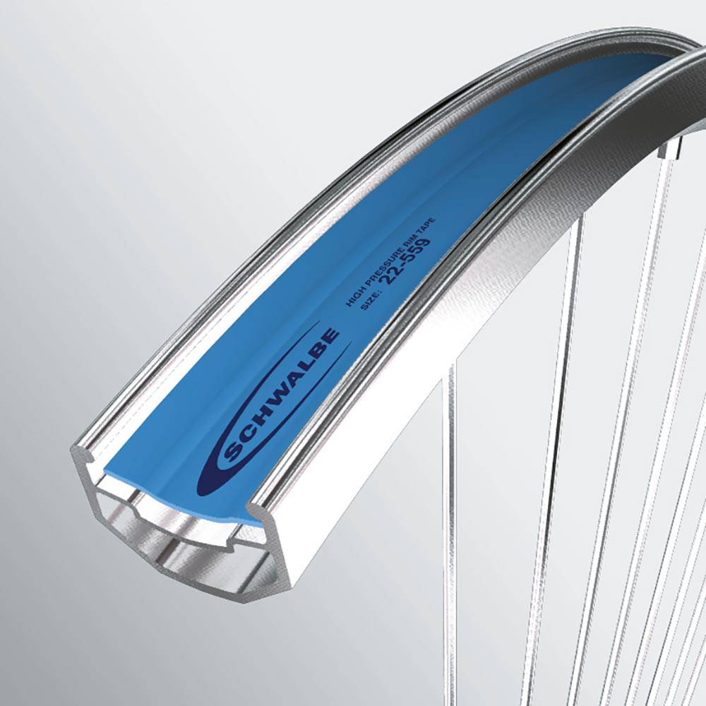 Schwalbe high pressure rim strip and rim tape for durable tire protection on bicycle wheels, component for secure tire fit.
