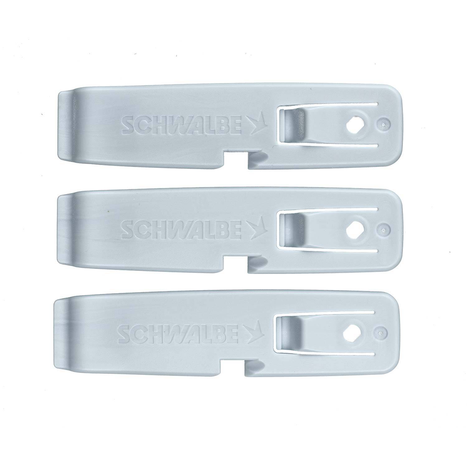 Schwalbe Tyre Levers Pack of 3 for bike tire removal, ergonomic plastic tools for easy bicycle tire fitting and removal.