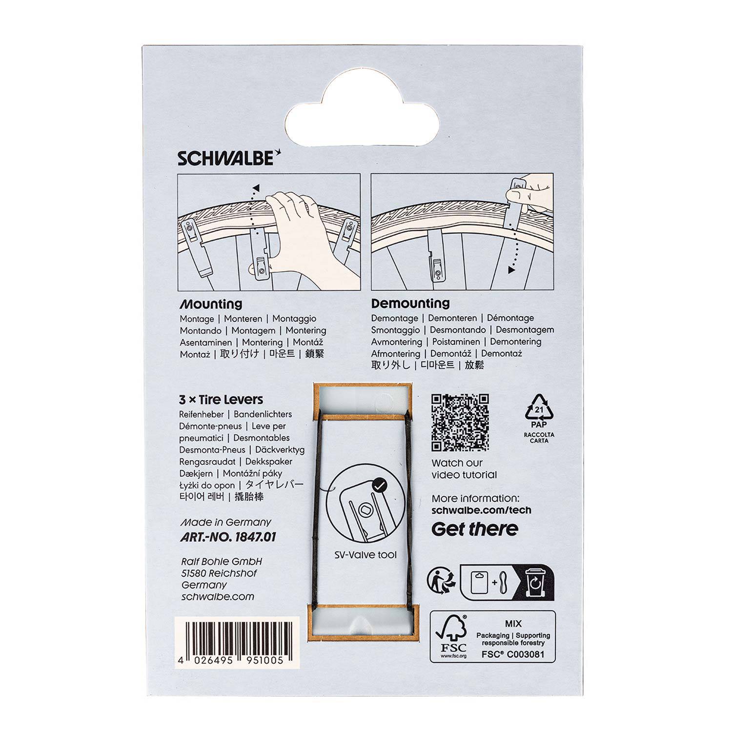 Set of three Schwalbe bike tire levers with ergonomic handles for easy removal of bike tires.