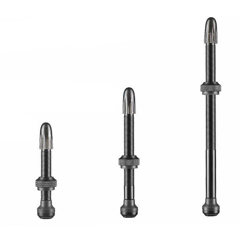 Schwalbe tubeless valve stems with 40mm, 60mm, and 100mm lengths for bike wheels and tubeless rim setups.