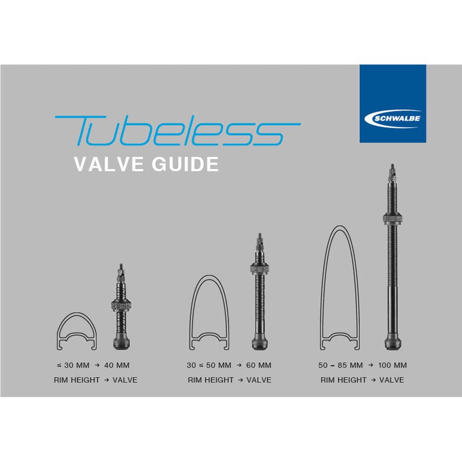 Schwalbe tubeless valve stems in 40mm, 60mm, and 100mm lengths for bike tubeless wheel systems.