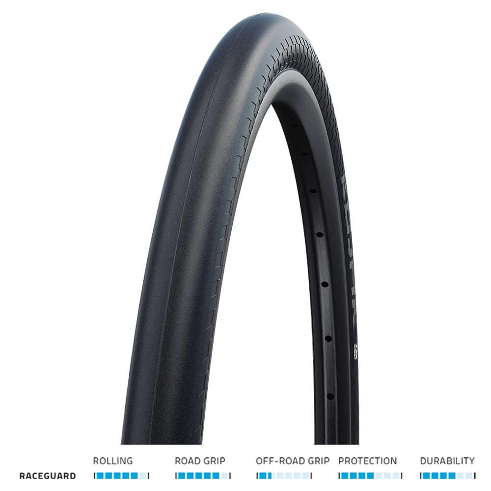 Schwalbe Kojak RaceGuard lightweight road bike tyre with puncture-resistant tread and sleek black design.