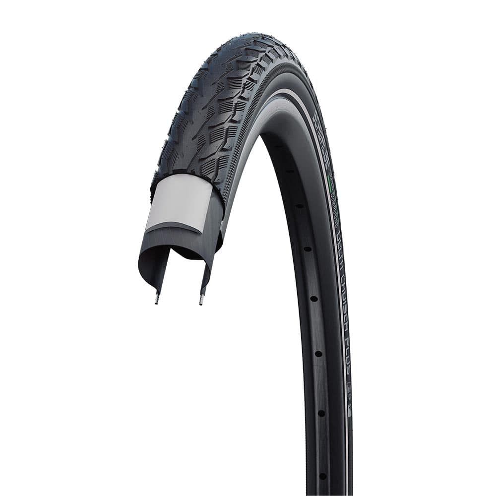 Schwalbe Delta Cruiser Plus puncture-resistant city and touring bike tire for e-bikes, shown mounted on a bicycle wheel.
