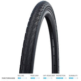 Schwalbe Delta Cruiser Plus puncture-resistant city and touring bike tire for E-bikes, with tread pattern visible in the image.