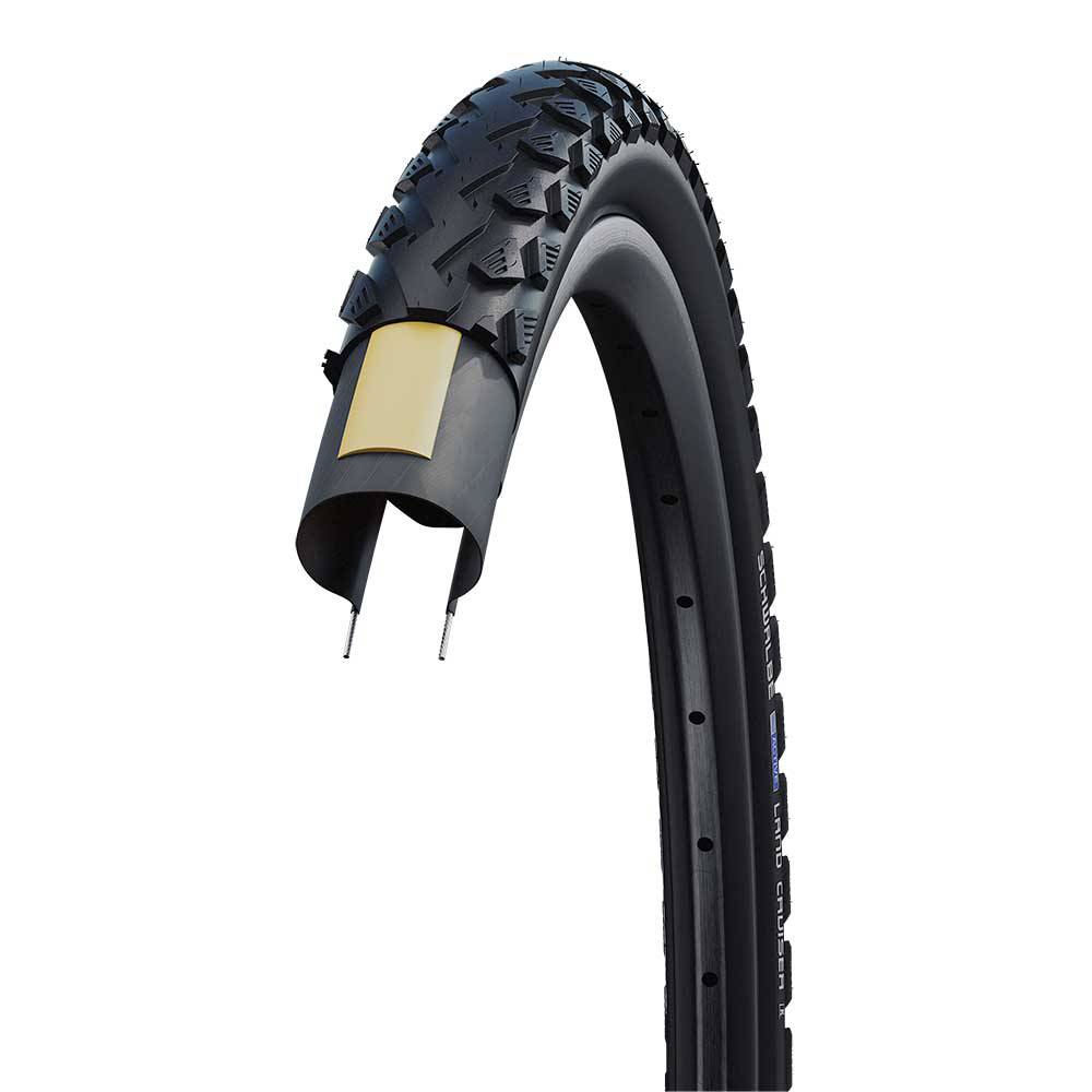 Schwalbe Land Cruiser K-Guard MTB and hybrid tire with puncture-resistant tread, suitable for mountain biking and road cycling.