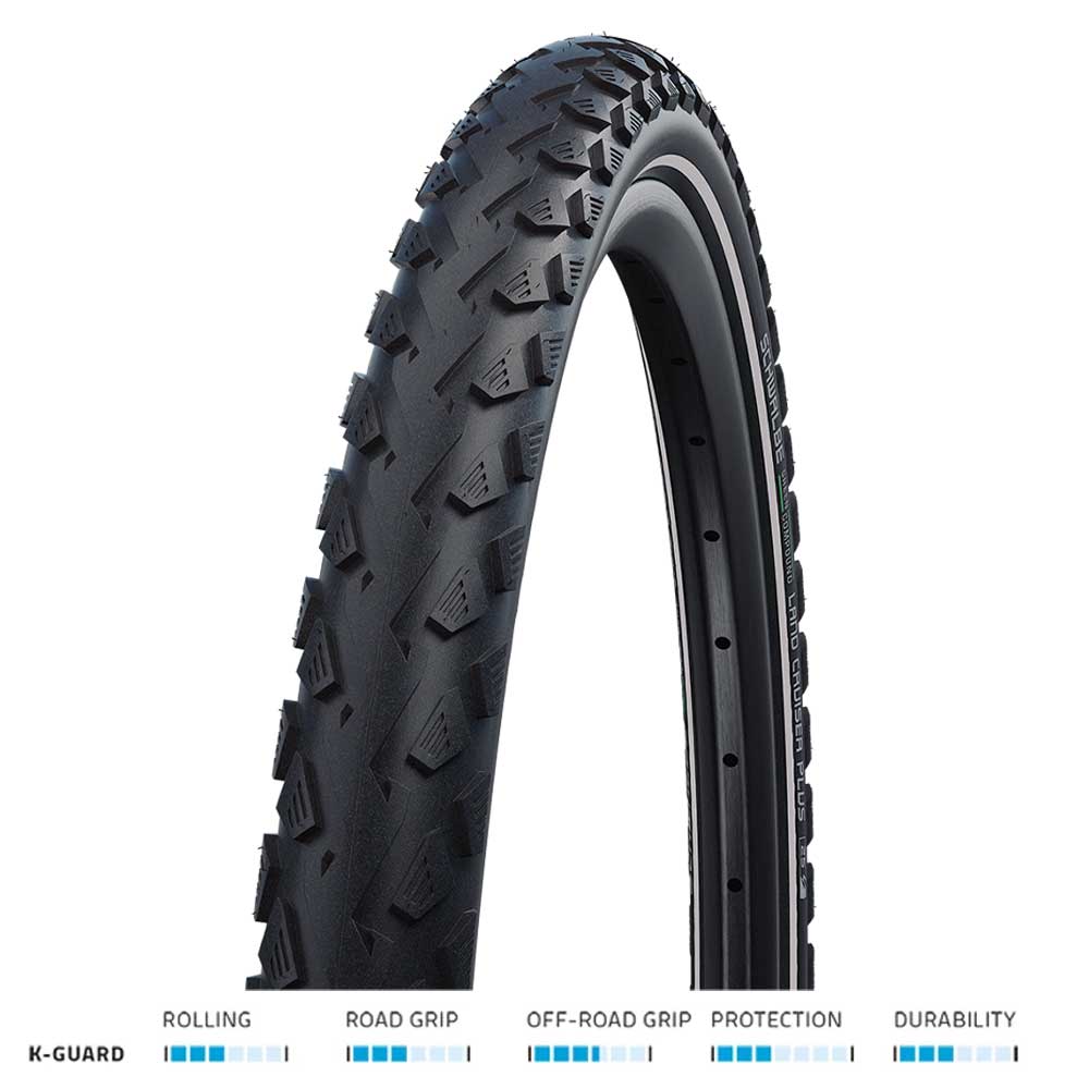 Schwalbe Land Cruiser Plus e-bike tire with PunctureGuard and reflective strip, durable bike component for reliable riding.