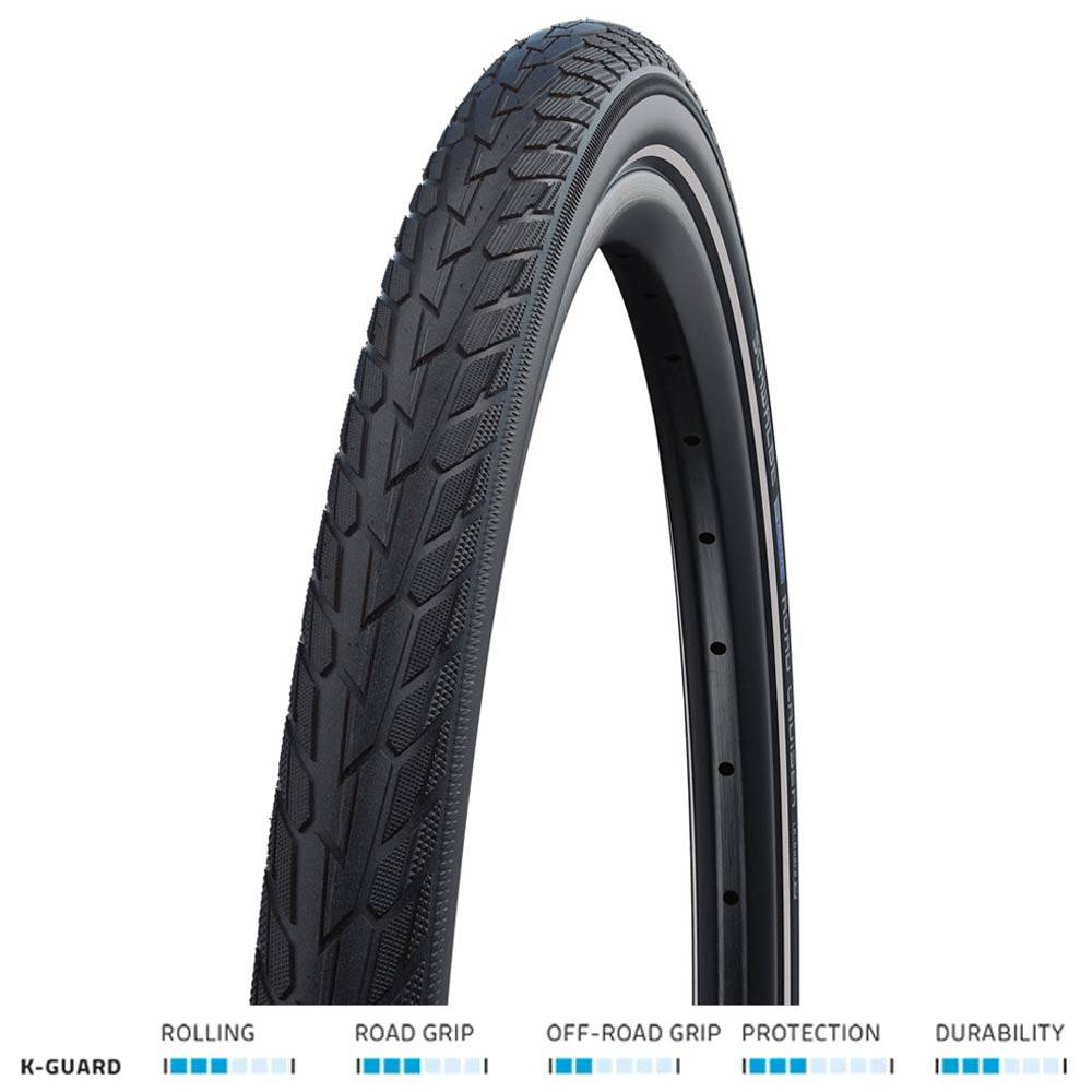 Schwalbe Road Cruiser K-Guard tire for urban bikes, featuring durable construction and green compound technology.