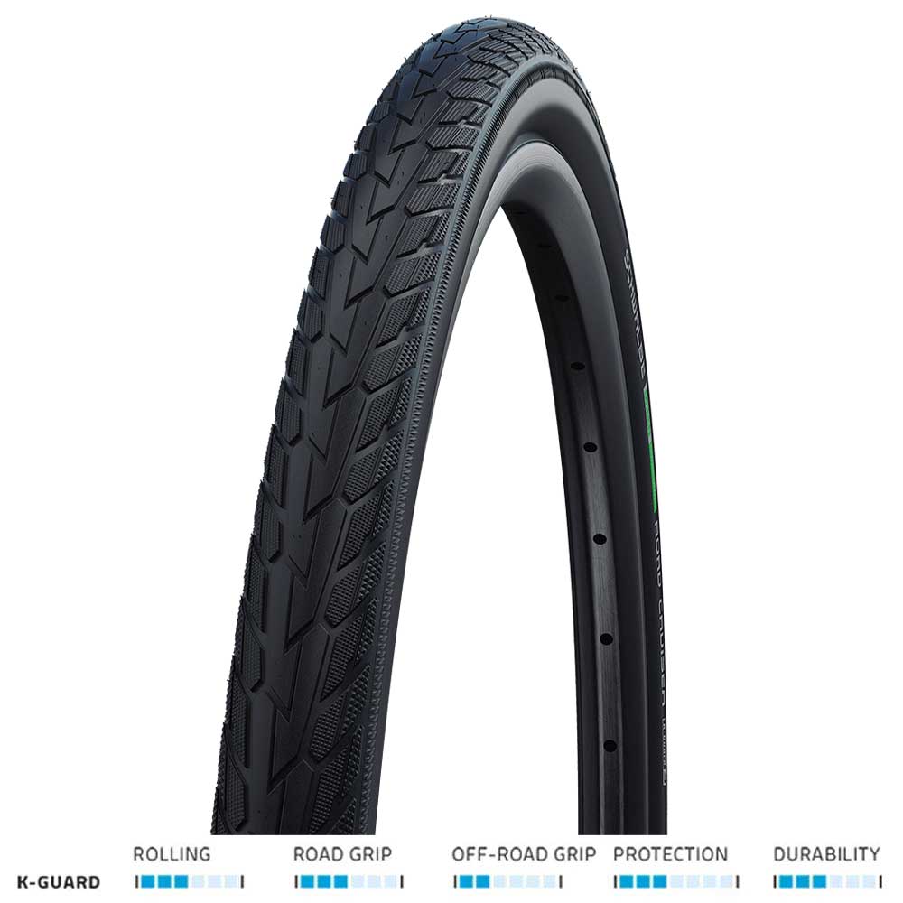 Schwalbe Road Cruiser K-Guard urban bike tire with green compound technology, durable rubber, and tread pattern for city cycling.