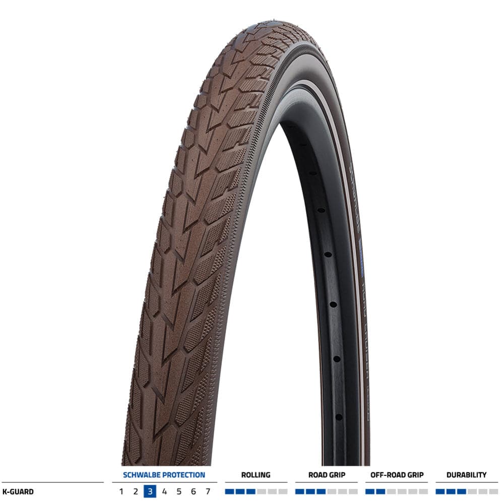 Schwalbe Road Cruiser K-Guard bicycle tyre with green compound technology, durable urban bike tire, close-up view.