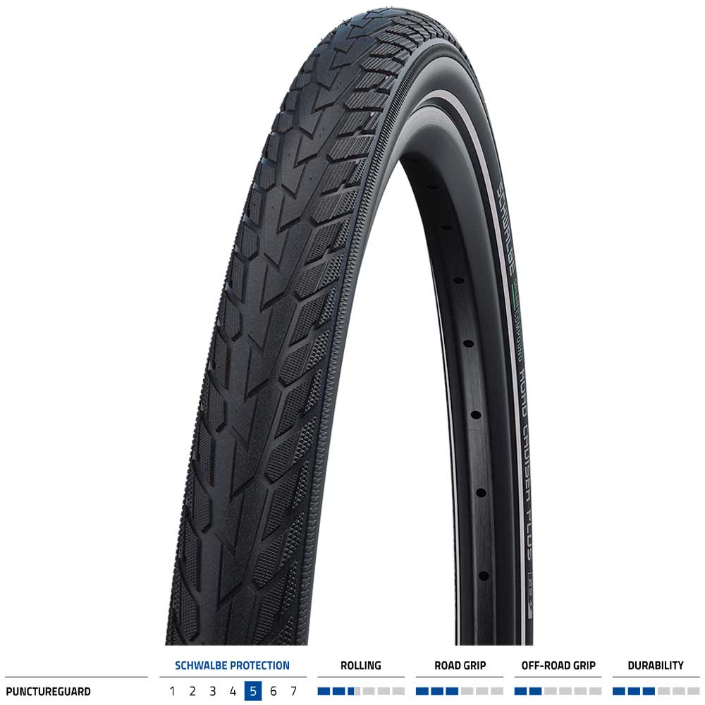 Schwalbe Road Cruiser Plus tyre showing tread pattern and sidewall with branding, designed for durable, puncture-resistant cycling.