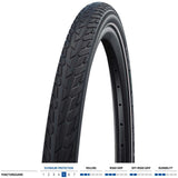 Schwalbe Road Cruiser Plus tyre showing tread pattern and sidewall with branding, designed for durable, puncture-resistant cycling.