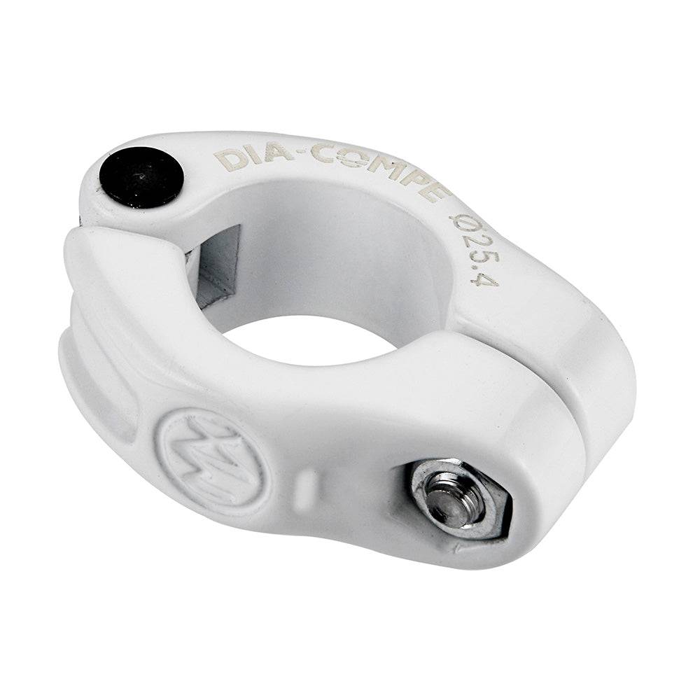 Dia-Compe MX1500N seat clamp for 28.6mm bike tubes with finishing kit, showing the white clamp and components.