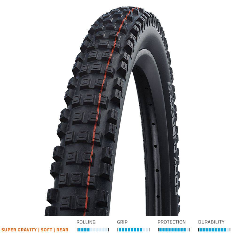 Schwalbe Eddy Current Evo Super Gravity rear tyre for E-MTB, all-mountain enduro bike, showing tread pattern and sidewall details.