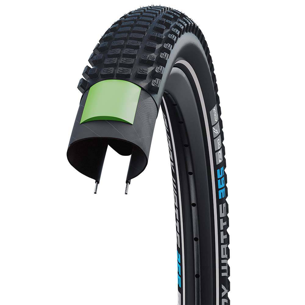 Schwalbe Johnny Watts 365 DD Greenguard tyre showing durable tread and puncture protection for bicycle components.